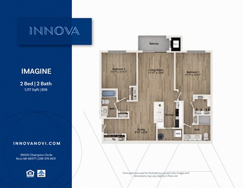 Floor plan for 2 beds, 2 baths, 1117 sqft